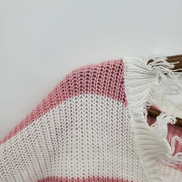 Womens L Striped Distressed Cropped Sweater Pink White Long Sleeve Grunge Y2K - Picture 10 of 16